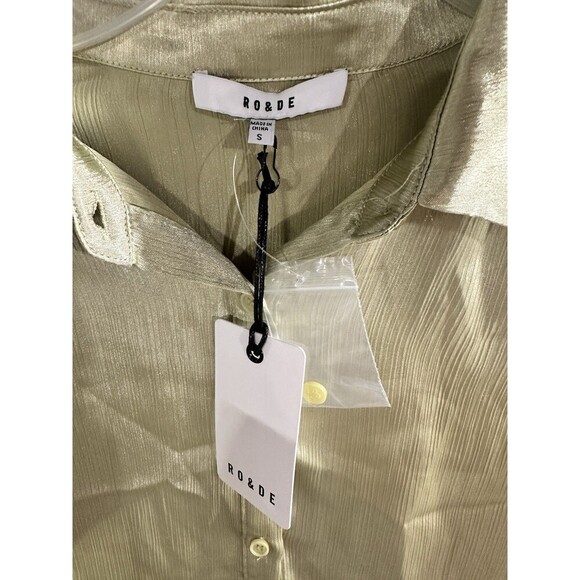 Ro‎ & De Silky Green Cropped Button Up Blouse Size S NWT Pleated Shirt - Picture 4 of 7
